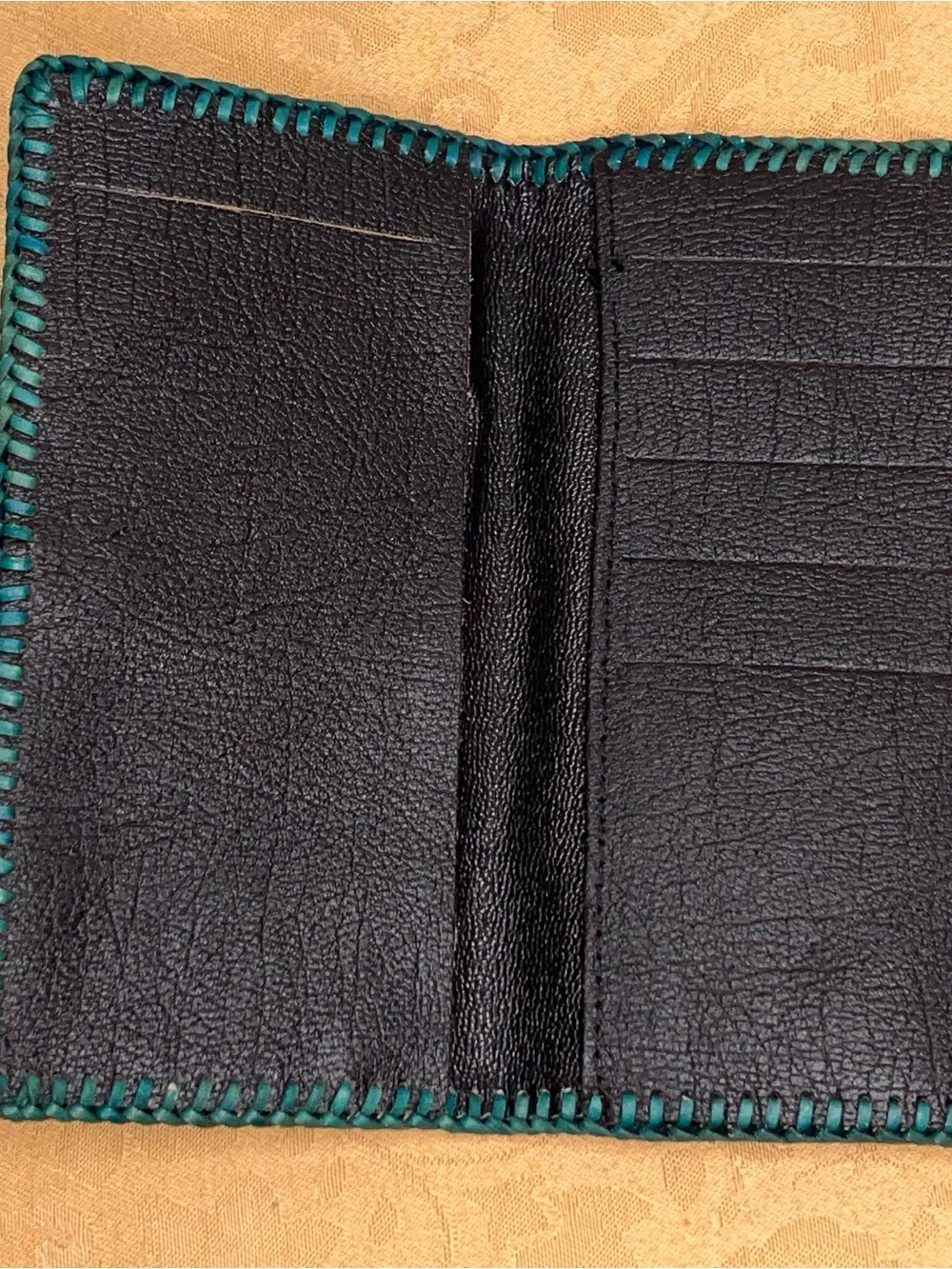 Vintage Western Leather Wallet Unisex Black Green Stitching Goth Punk Retro
